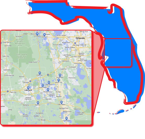 A graphic of Florida showing the service area for Snowbird Heating & Cooling